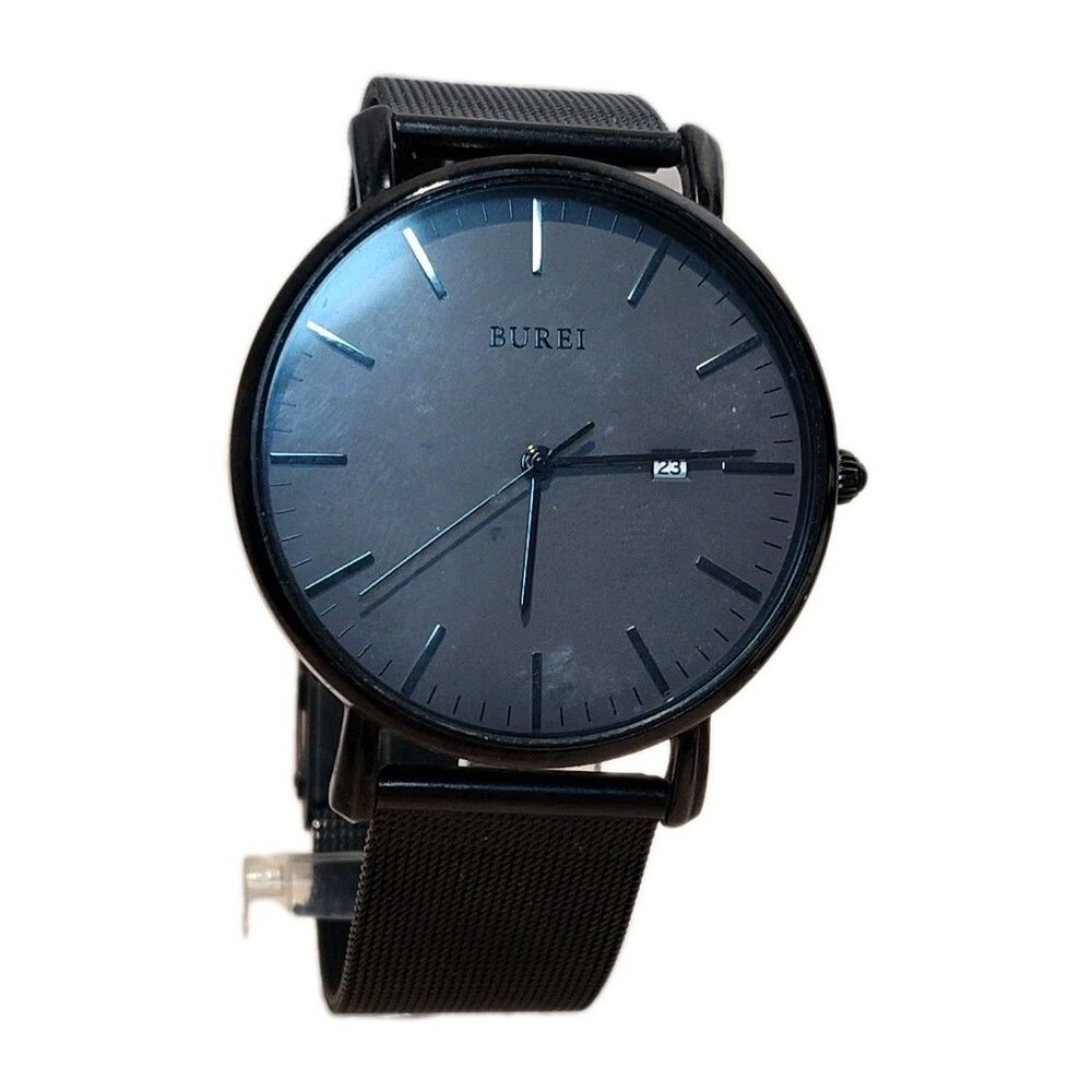 BUREI Watch Mens 41mm Black Stainless Mesh Date Dress S-19003M New Battery